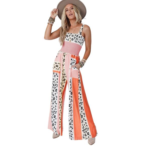 Pants - Pink Leopard Color Block Mix Print Pocketed Sleeveless Jumpsuit New Sizes S-XL